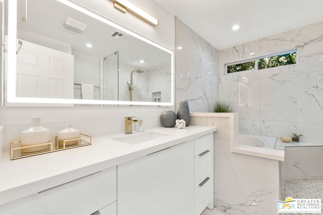 Bathroom, Dual Sink Vanities, Glass Shower, Interior, Marble, Marble Walls, Recessed Lighting