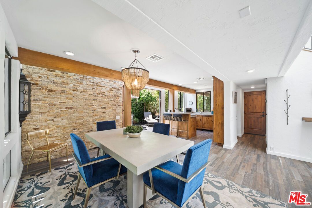 Chandelier, Dining room, Interior, Recessed Lighting, Stone Walls, Wood Texture Flooring