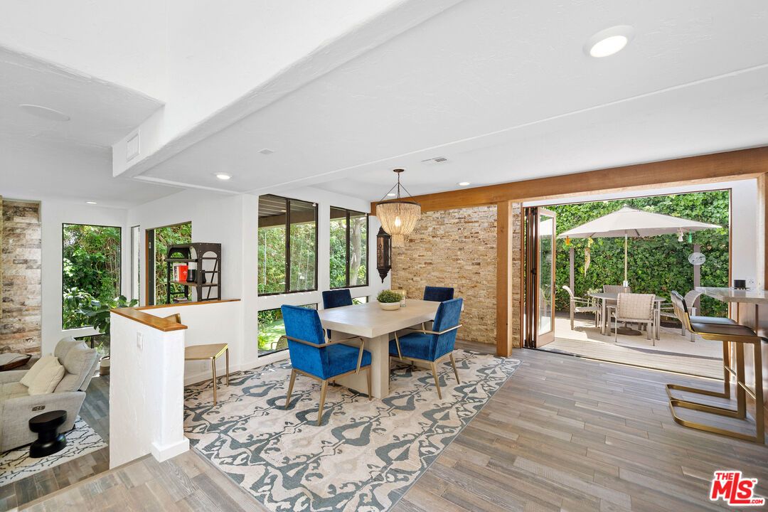 Chandelier, Dining room, Interior, Recessed Lighting, Stone Walls, Wood Texture Flooring
