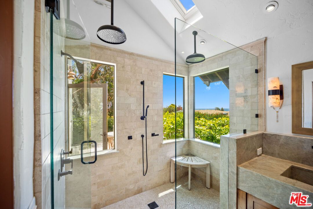 Bathroom, Glass Shower, Interior, Recessed Lighting, Stone Walls