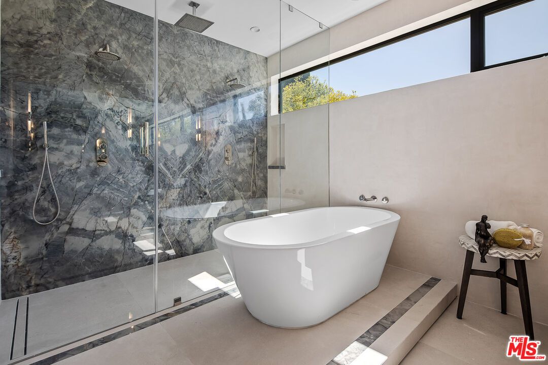 Bathroom, Free Standing Baths, Glass Shower, Interior, Marble Walls, Recessed Lighting