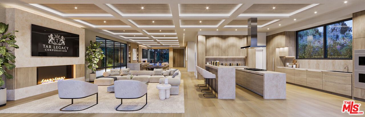 Fireplace, Interior, Kitchen, Living room, Recessed Lighting, Wood Texture Flooring