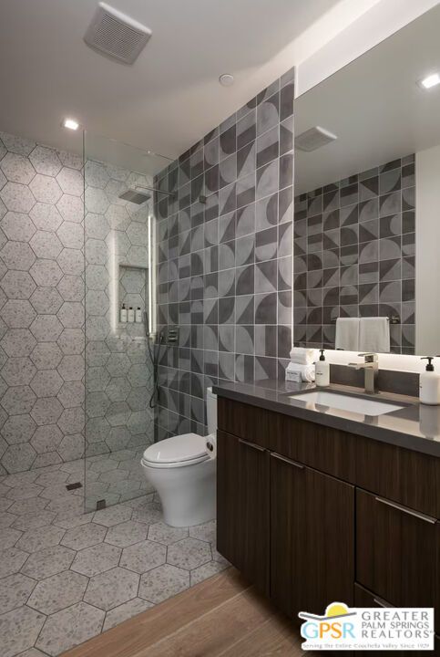 Bathroom, Glass Shower, Interior, Recessed Lighting, Wood Texture Flooring