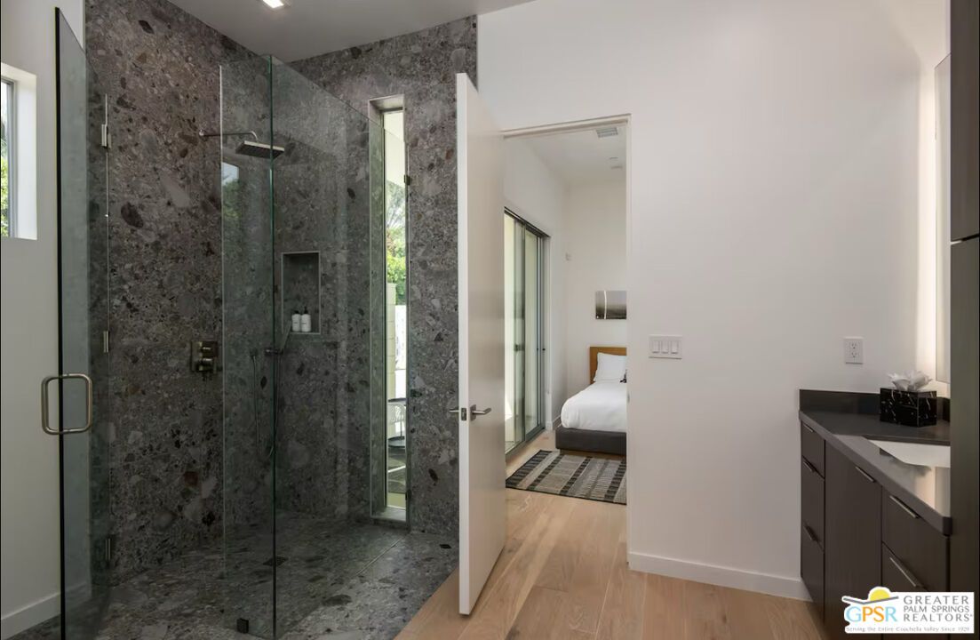Bathroom, Bedroom, Glass Shower, Interior, Recessed Lighting, Wood Texture Flooring