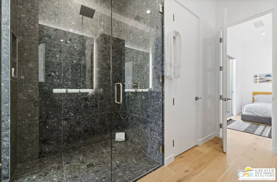 Bathroom, Glass Shower, Interior, Recessed Lighting, Wood Texture Flooring