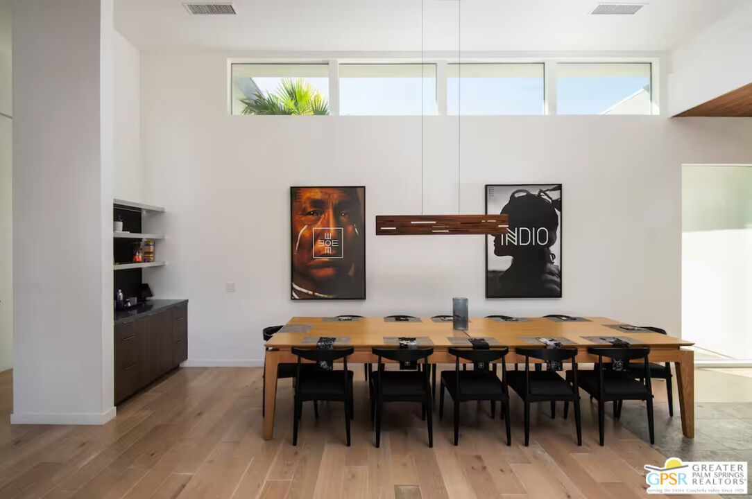 Dining room, Interior, Pendant Lights, Wood Texture Flooring