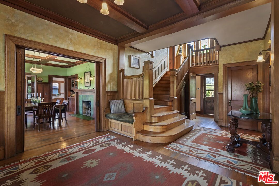 Chandelier, Dining room, Fireplace, Interior, Pendant Lights, Wooden Beams, Wood Texture Flooring