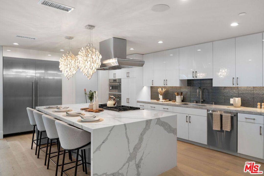 Chandelier, Interior, Kitchen, Recessed Lighting, Stainless Steel Appliances, Wood Texture Flooring