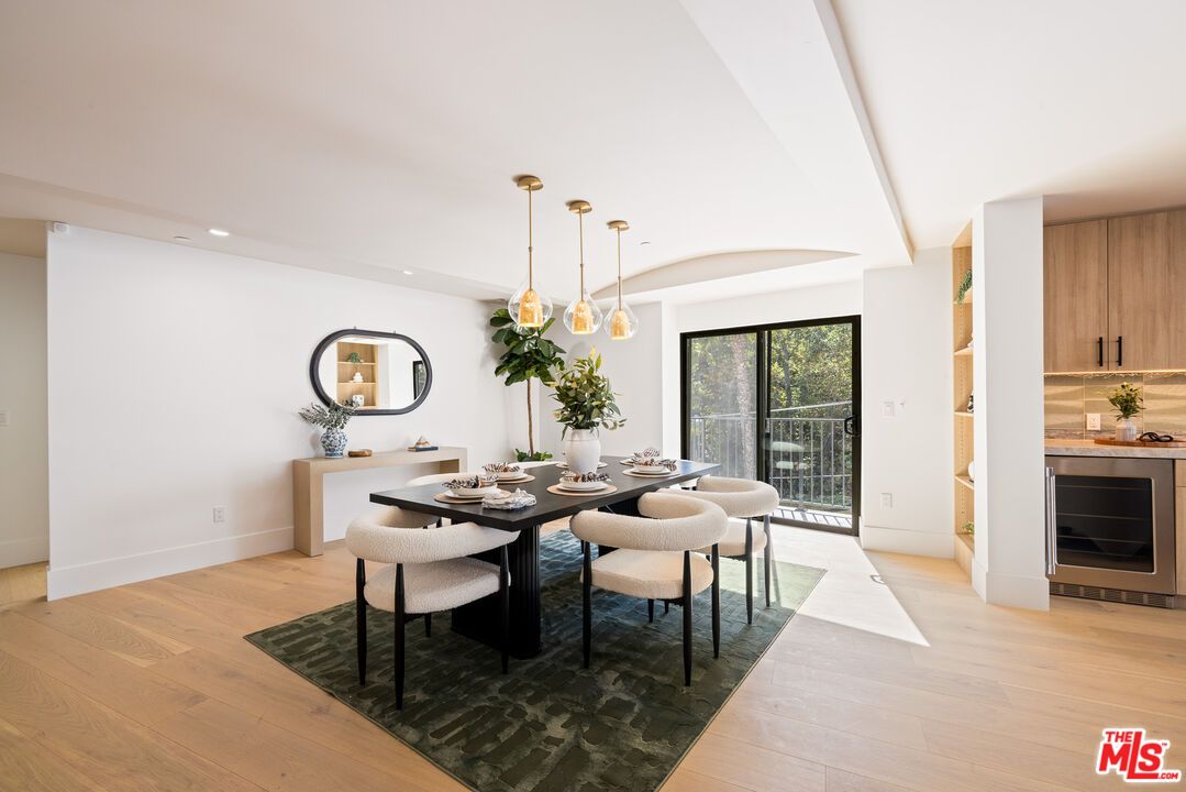 Dining room, Interior, Pendant Lights, Recessed Lighting, Wood Texture Flooring