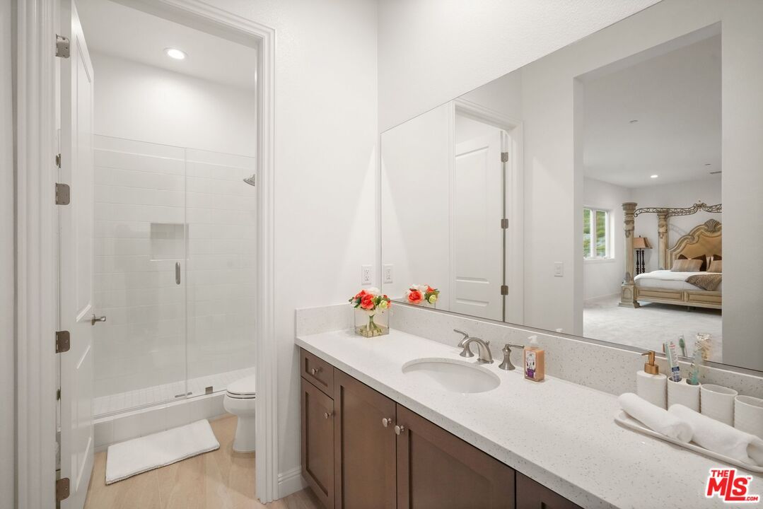 Bathroom, Bedroom, Glass Shower, Interior, Recessed Lighting, Wood Texture Flooring