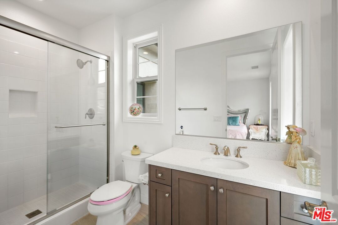 Bathroom, Glass Shower, Interior, Recessed Lighting, Wood Texture Flooring