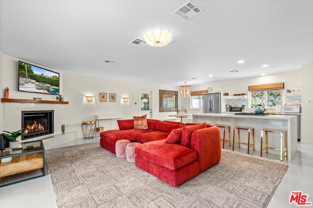 Chandelier, Dining room, Fireplace, Interior, Kitchen, Living room, Recessed Lighting