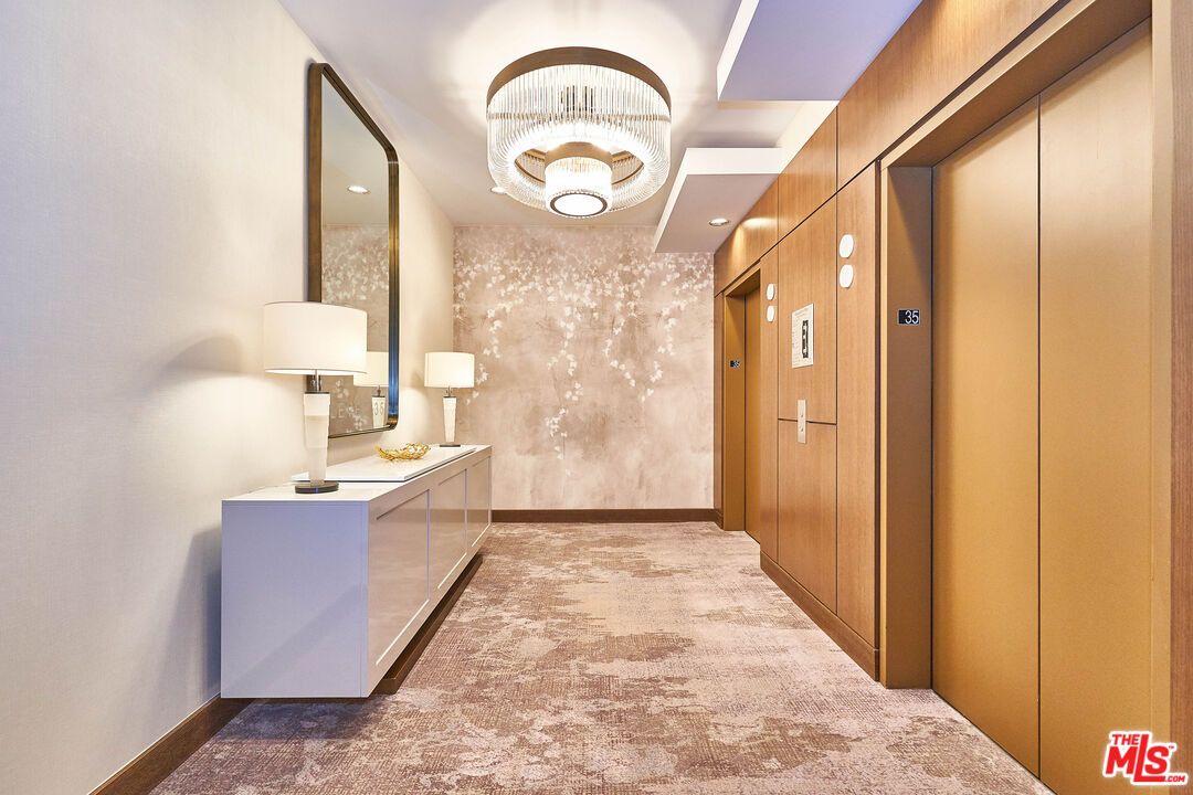 Chandelier, Elevator, Interior, Recessed Lighting, Wooden Walls
