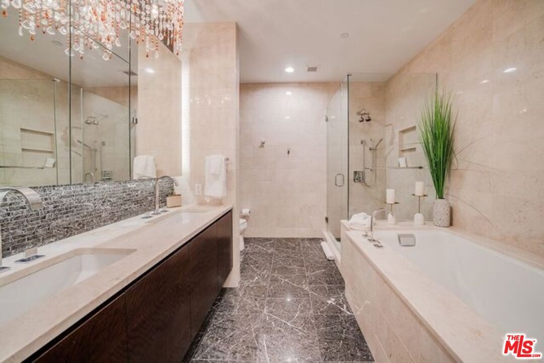 Bathroom, Dual Sink Vanities, Glass Shower, Interior, Marble, Recessed Lighting
