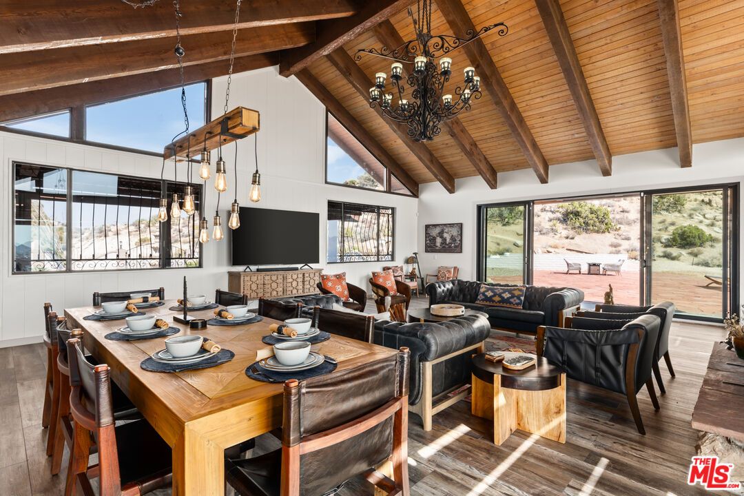 Chandelier, Dining room, Interior, Living room, Pendant Lights, Wooden Beams, Wooden Ceilings, Wood Texture Flooring