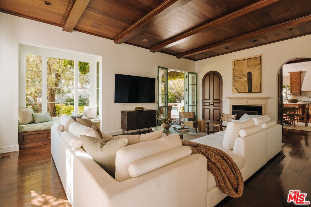 Fireplace, Interior, Living room, Recessed Lighting, Wooden Beams, Wooden Ceilings, Wood Texture Flooring