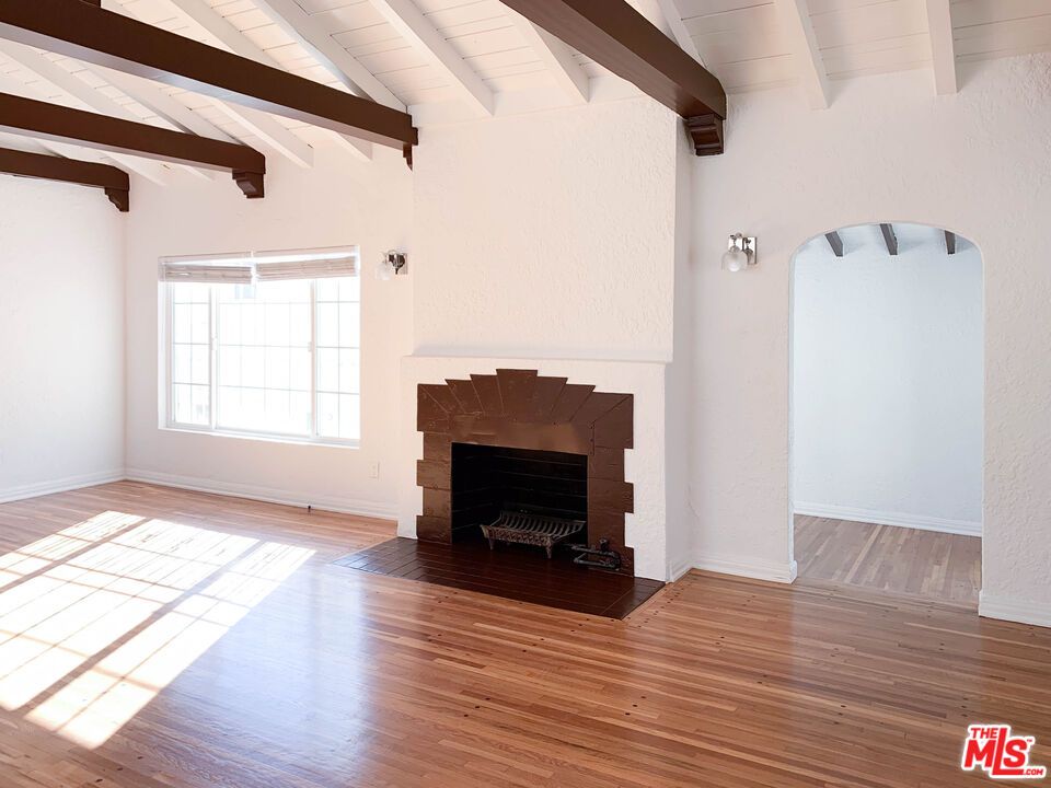Empty room, Fireplace, Interior, Wooden Beams, Wood Texture Flooring