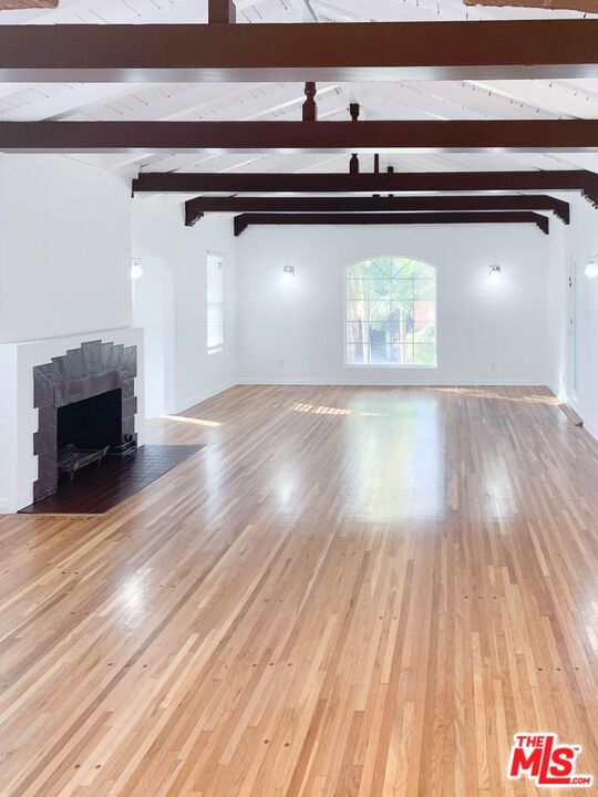 Empty room, Fireplace, Interior, Pendant Lights, Wooden Beams, Wood Texture Flooring
