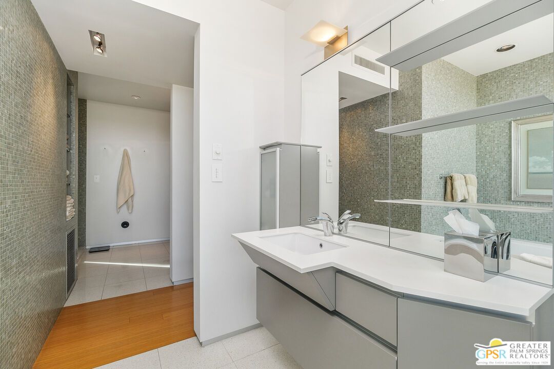 Bathroom, Dual Sink Vanities, Interior, Recessed Lighting, Wood Texture Flooring