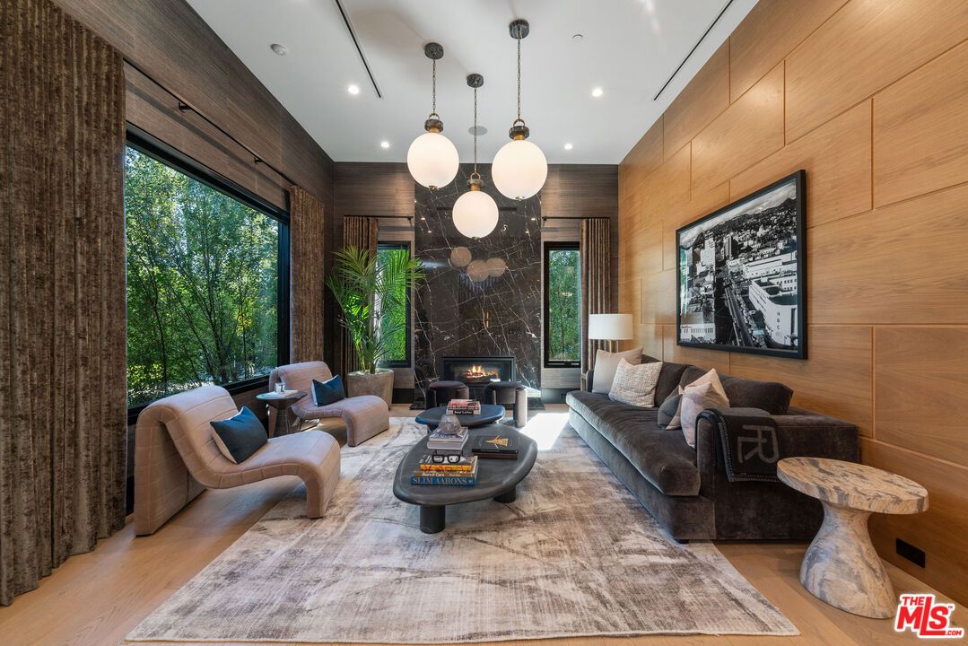 Fireplace, Interior, Living room, Pendant Lights, Recessed Lighting, Wood Texture Flooring, Wooden Walls