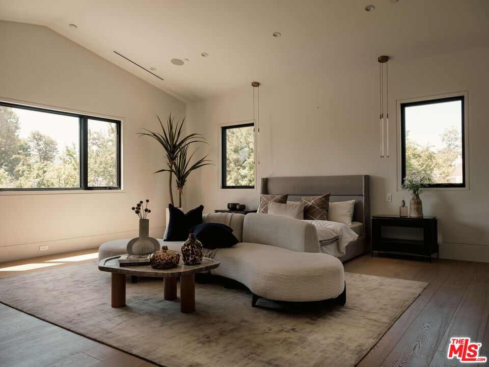 Bedroom, Interior, Pendant Lights, Recessed Lighting, Wood Texture Flooring