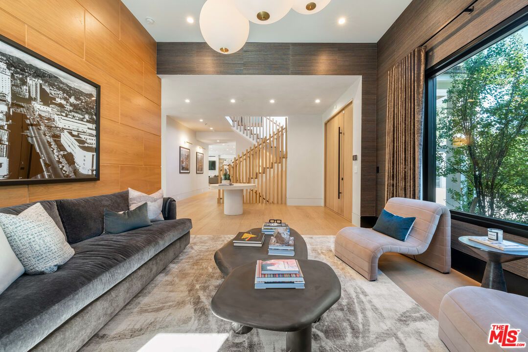 Interior, Living room, Pendant Lights, Recessed Lighting, Wood Texture Flooring, Wooden Walls