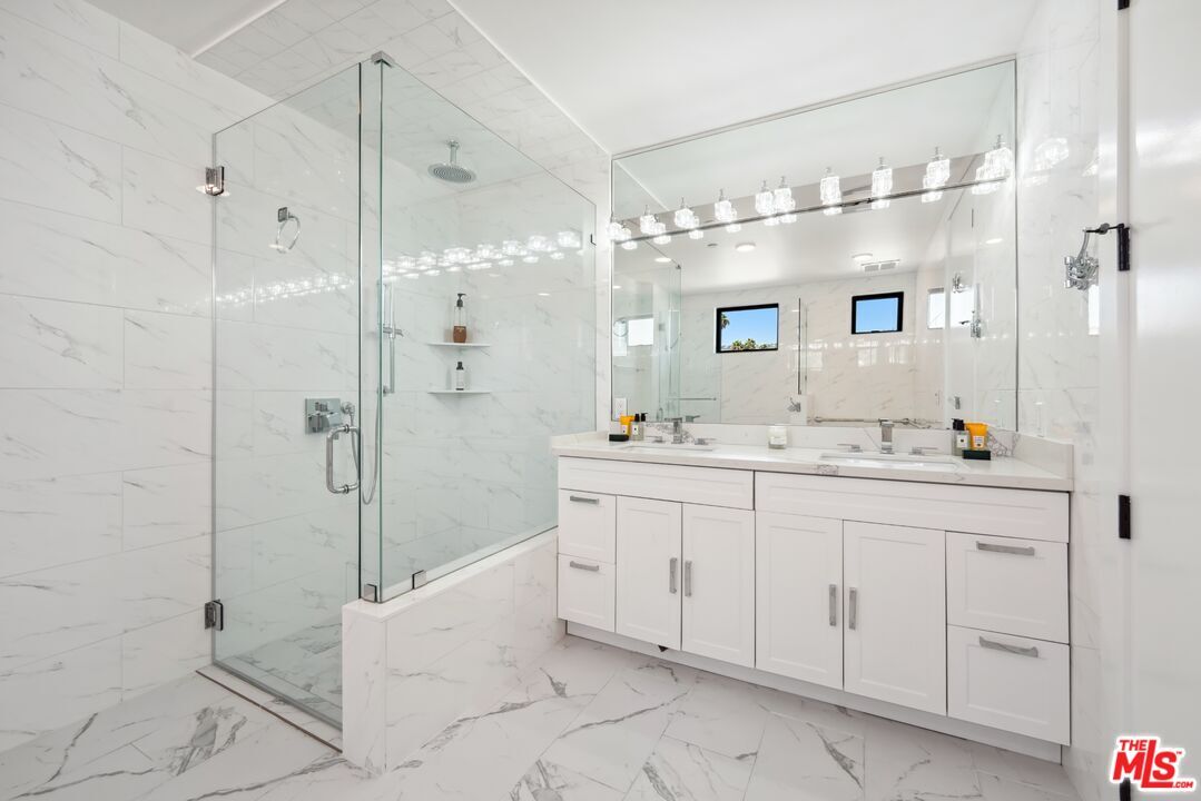 Bathroom, Dual Sink Vanities, Glass Shower, Interior, Marble, Marble Walls