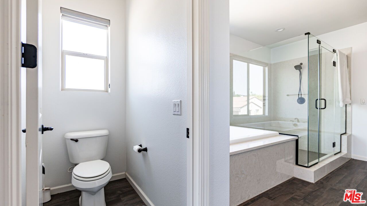 Bathroom, Glass Shower, Interior, Recessed Lighting, Wood Texture Flooring