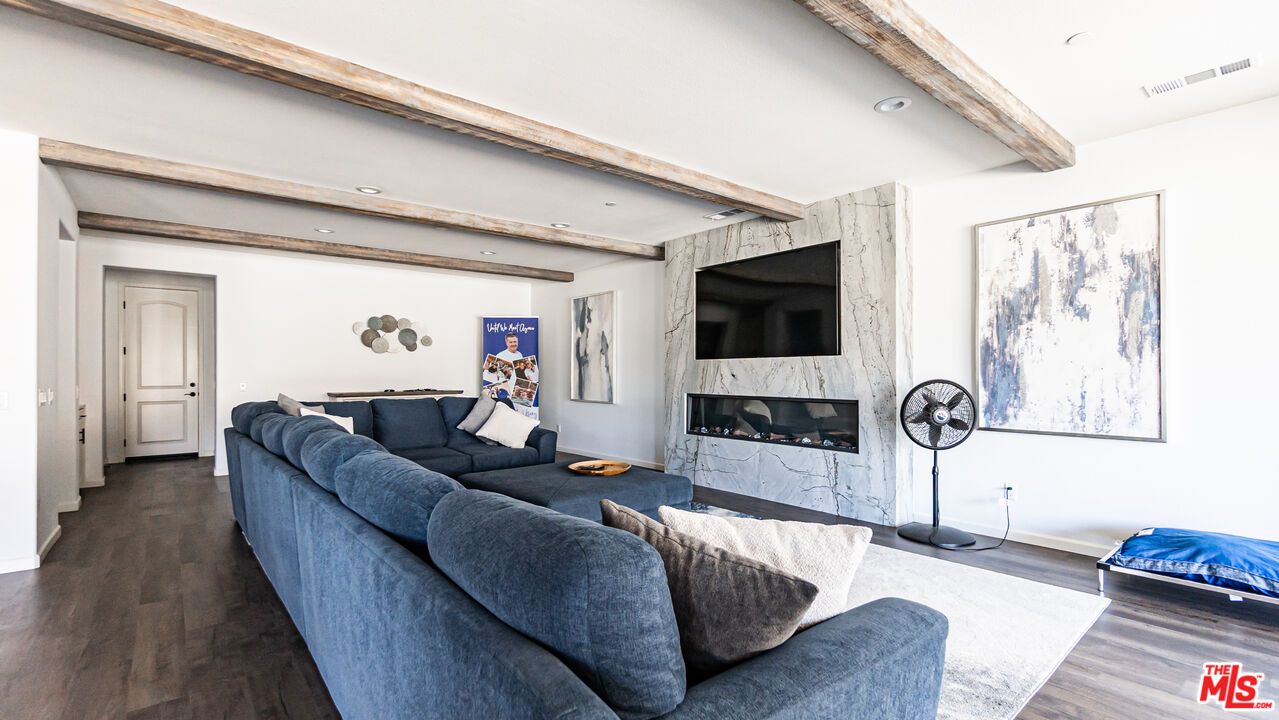 Fireplace, Interior, Living room, Recessed Lighting, Wooden Beams, Wood Texture Flooring