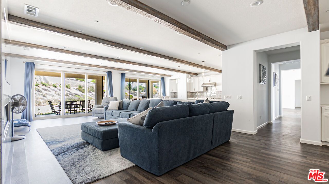 Interior, Living room, Pendant Lights, Recessed Lighting, Wooden Beams, Wood Texture Flooring