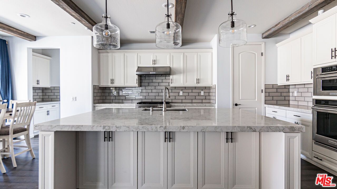 Interior, Kitchen, Pendant Lights, Recessed Lighting, Stainless Steel Appliances, Wooden Beams, Wood Texture Flooring