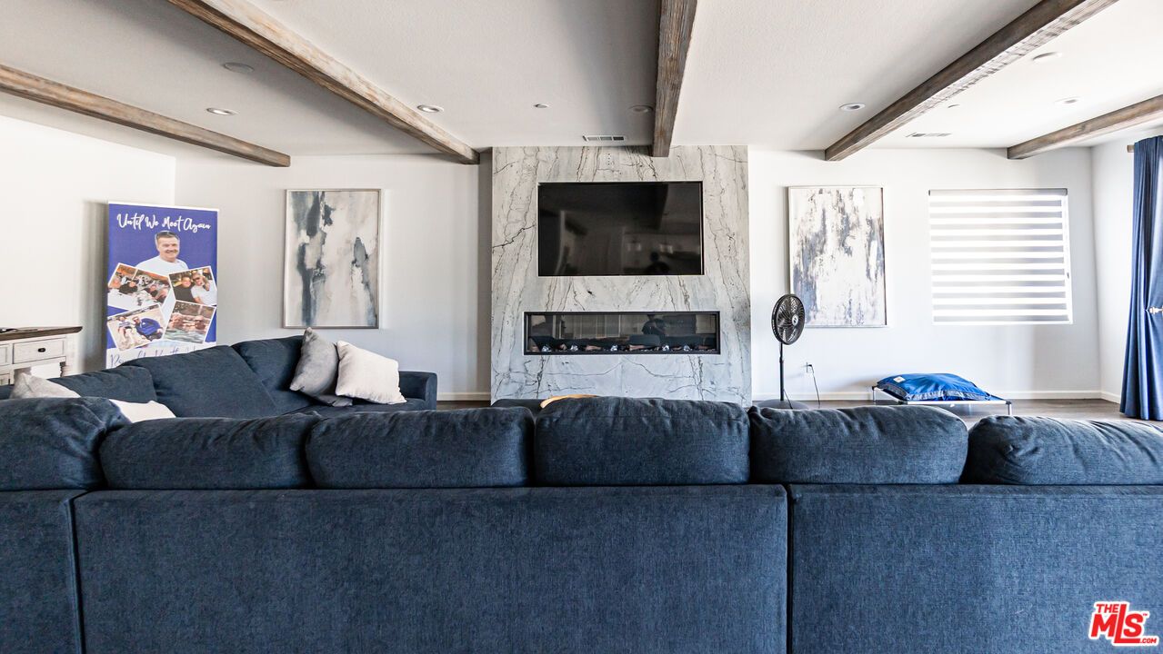 Fireplace, Interior, Living room, Recessed Lighting, Wooden Beams