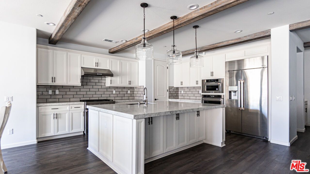 Interior, Kitchen, Pendant Lights, Recessed Lighting, Stainless Steel Appliances, Wooden Beams, Wood Texture Flooring