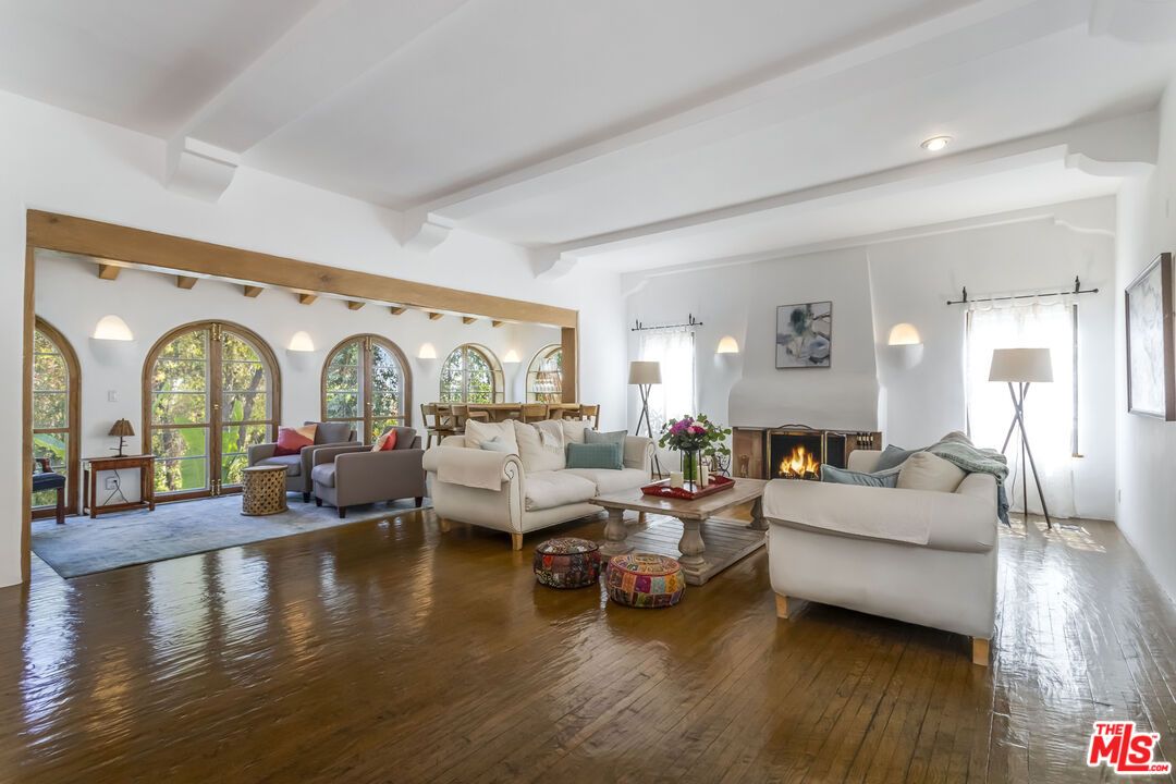 Fireplace, Interior, Living room, Recessed Lighting, Wooden Beams, Wood Texture Flooring