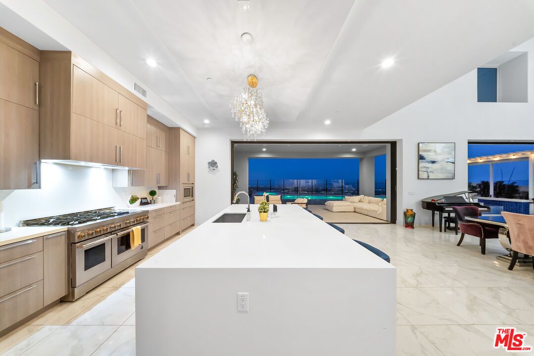 Chandelier, Interior, Kitchen, Living room, Marble, Recessed Lighting, Stainless Steel Appliances, Water