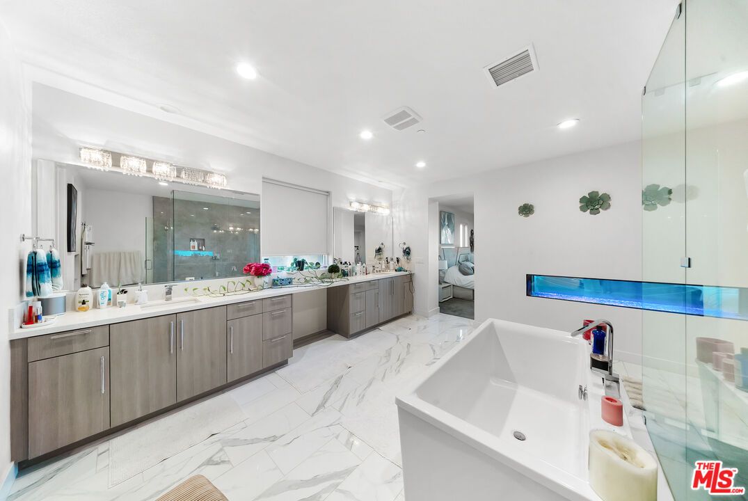 Bathroom, Dual Sink Vanities, Glass Shower, Interior, Marble, Recessed Lighting