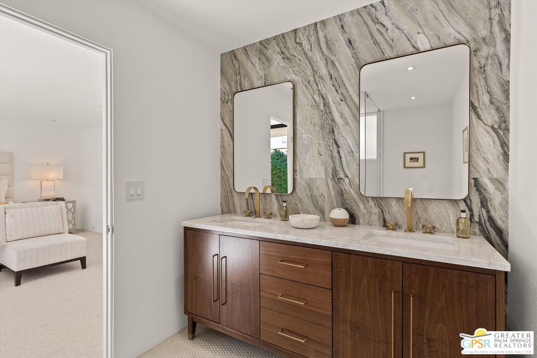 Bathroom, Dual Sink Vanities, Interior, Marble Walls, Recessed Lighting