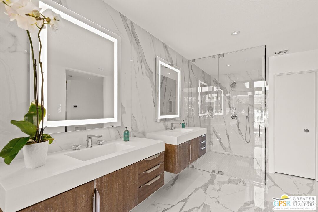 Bathroom, Dual Sink Vanities, Glass Shower, Interior, Marble, Marble Walls, Recessed Lighting