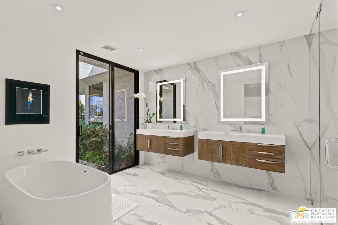 Bathroom, Dual Sink Vanities, Free Standing Baths, Glass Shower, Interior, Marble, Marble Walls, Recessed Lighting