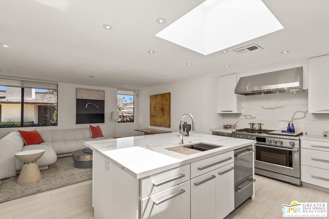 Interior, Kitchen, Living room, Marble Walls, Recessed Lighting, Stainless Steel Appliances