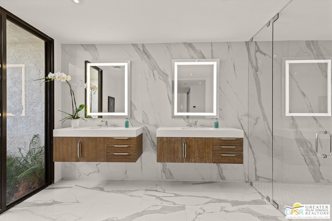 Bathroom, Dual Sink Vanities, Glass Shower, Interior, Marble, Marble Walls, Recessed Lighting