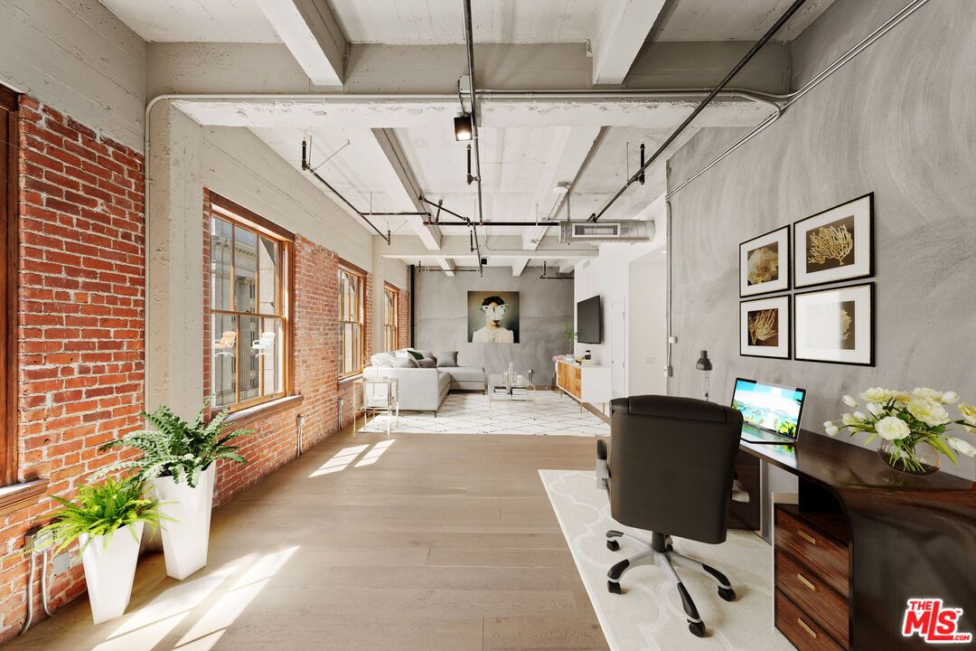 Home Office, Interior, Pendant Lights, Stone Walls, Wood Texture Flooring