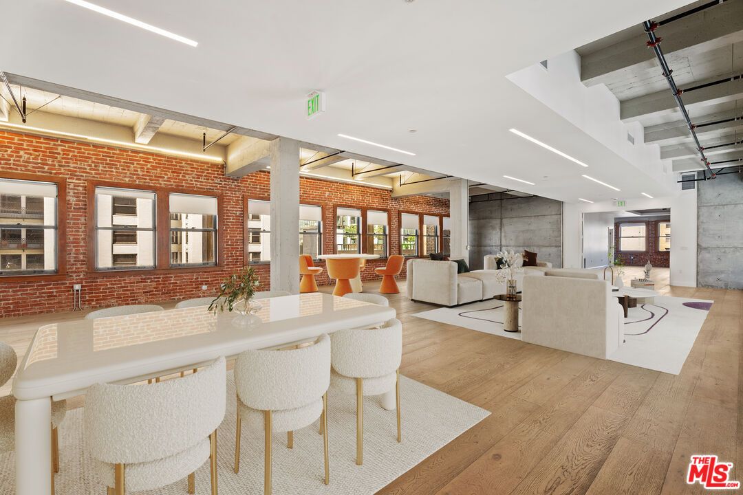 Dining room, Interior, Living room, Recessed Lighting, Stone Walls, Wood Texture Flooring