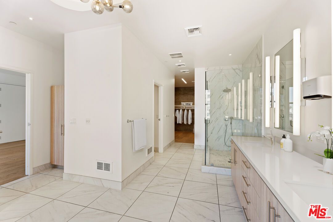 Bathroom, Glass Shower, Interior, Marble, Marble Walls, Recessed Lighting