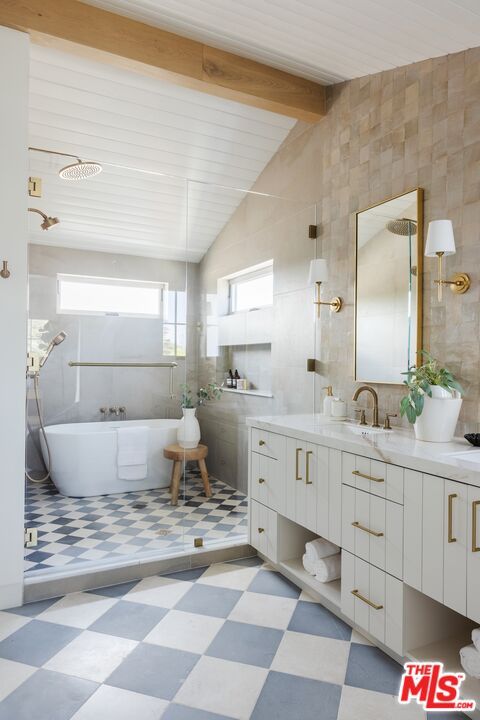 Bathroom, Dual Sink Vanities, Free Standing Baths, Interior, Wooden Beams