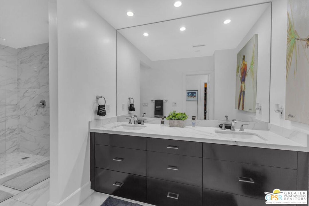 Bathroom, Dual Sink Vanities, Interior, Marble, Marble Walls, Recessed Lighting