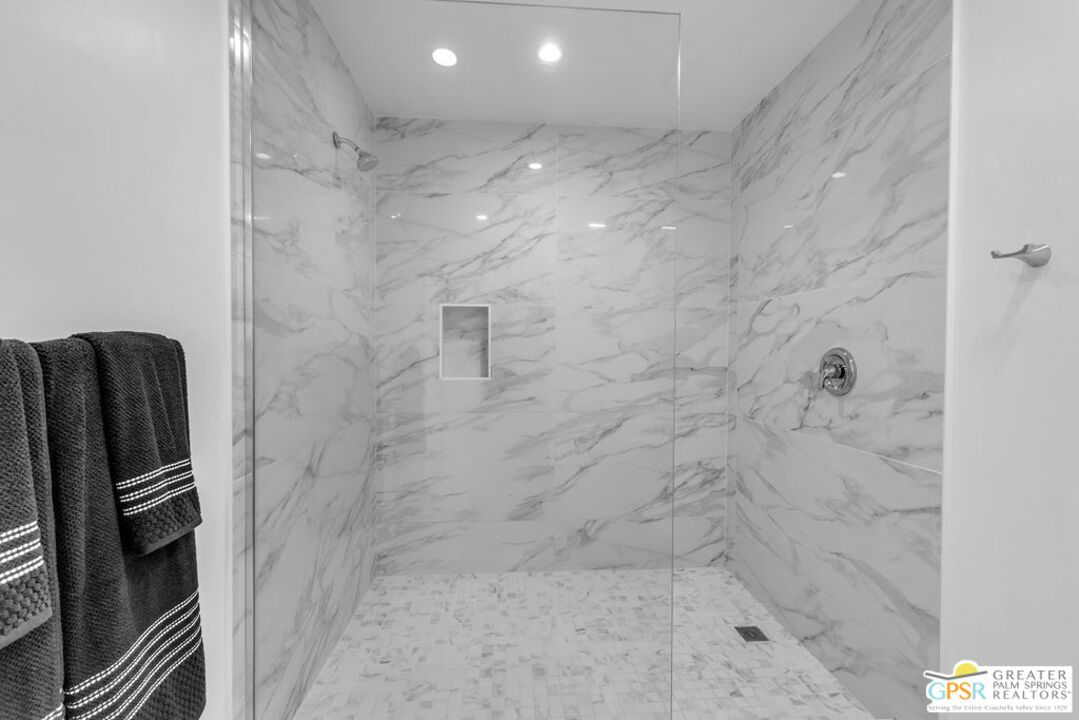 Bathroom, Glass Shower, Interior, Marble Walls, Recessed Lighting