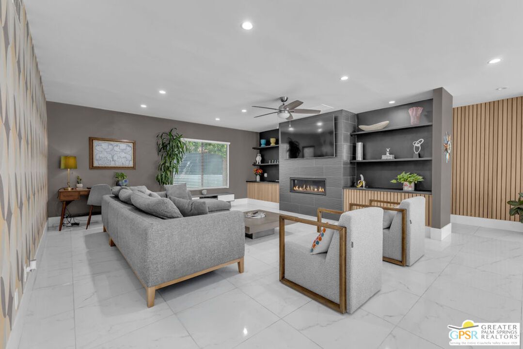 Fireplace, Interior, Living room, Marble, Recessed Lighting