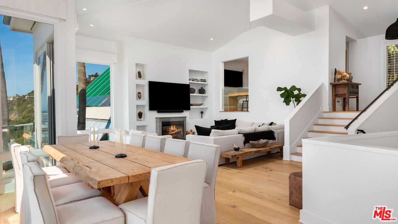 Dining room, Fireplace, Interior, Living room, Recessed Lighting, Wood Texture Flooring