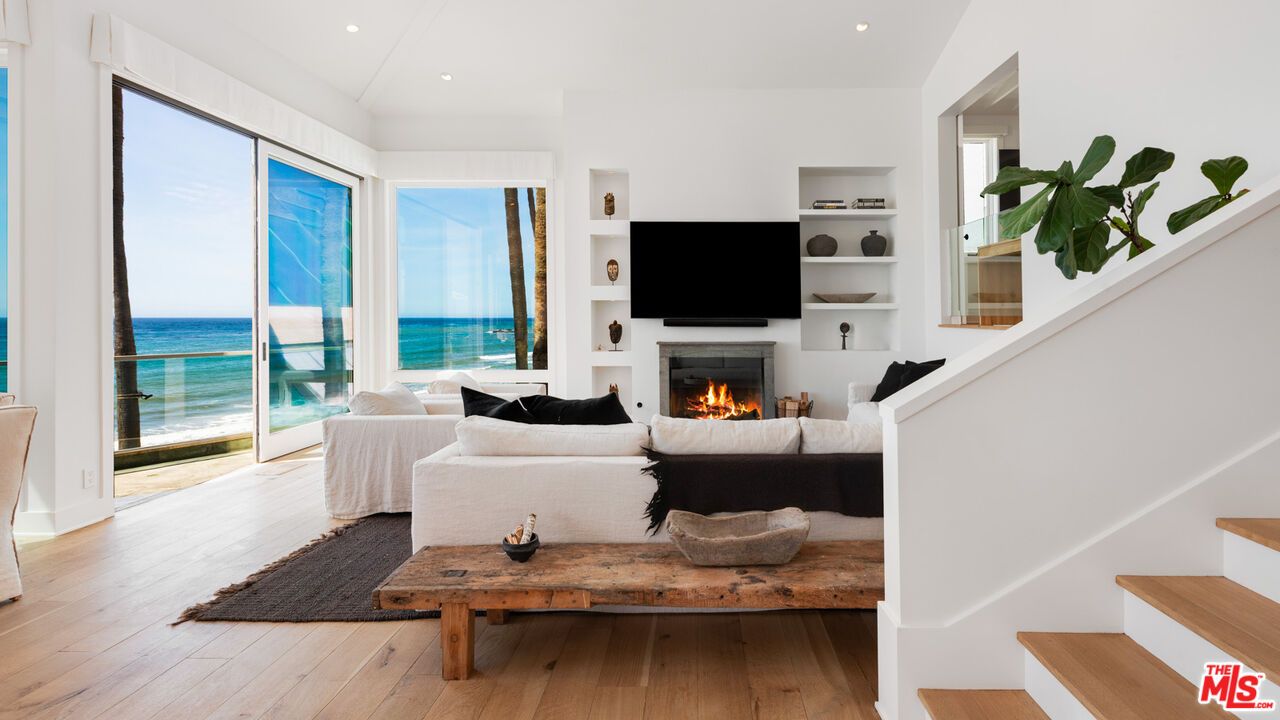 Fireplace, Interior, Living room, Recessed Lighting, Water, Wood Texture Flooring